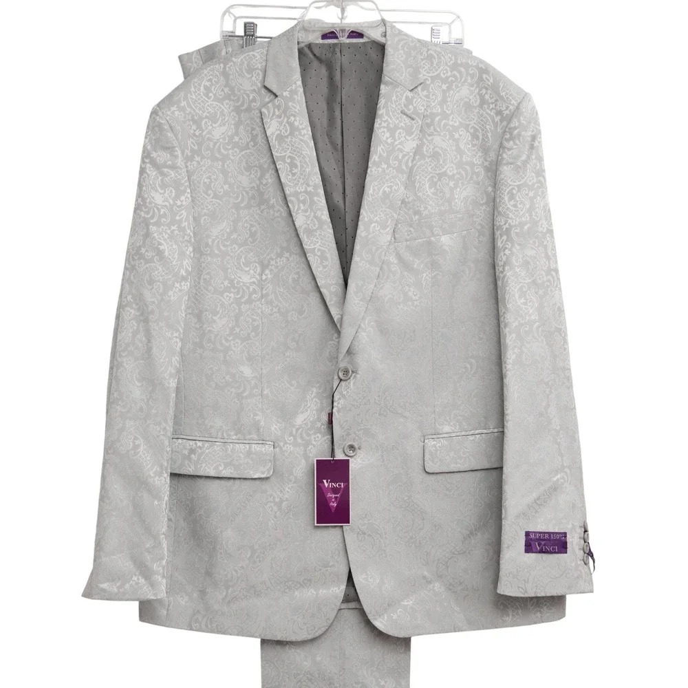 Vinci Italian Suit Silver Paisley Damask Slim Fit Formal 2 Piece Suit Dapper Tux